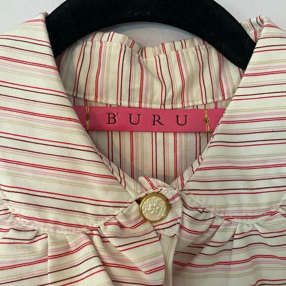BURU Cream Pink Stripe Button Down Blouse Peter Pan Collar Women's size Medium - Picture 2 of 9